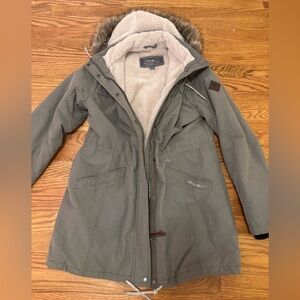 Eddie Bauer Sherpa Olive Green Utility Parka with Faux Fur Trim